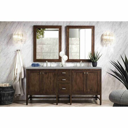 James Martin Vanities Addison 72in Double Vanity, Mid-Century Acacia w/ 3 CM Eternal Serena Quartz Top E444-V72-MCA-3ESR